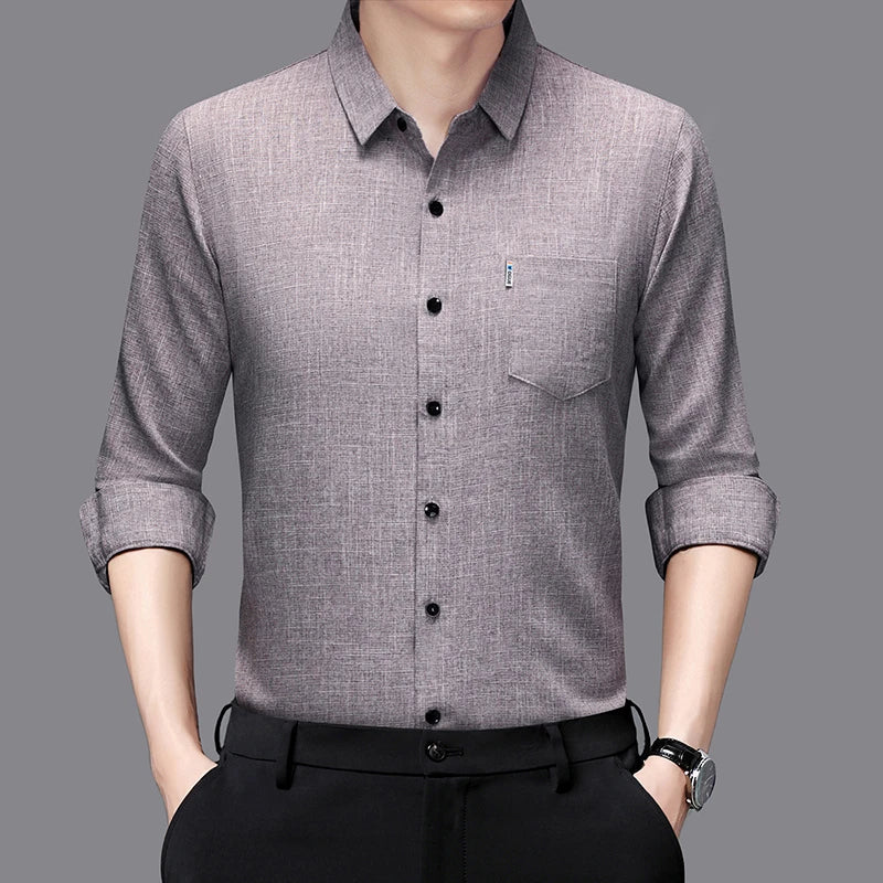 Men's Casual Long Sleeved Wrinkle Resistance No Ironing Printed Shirt in gray with buttoned details