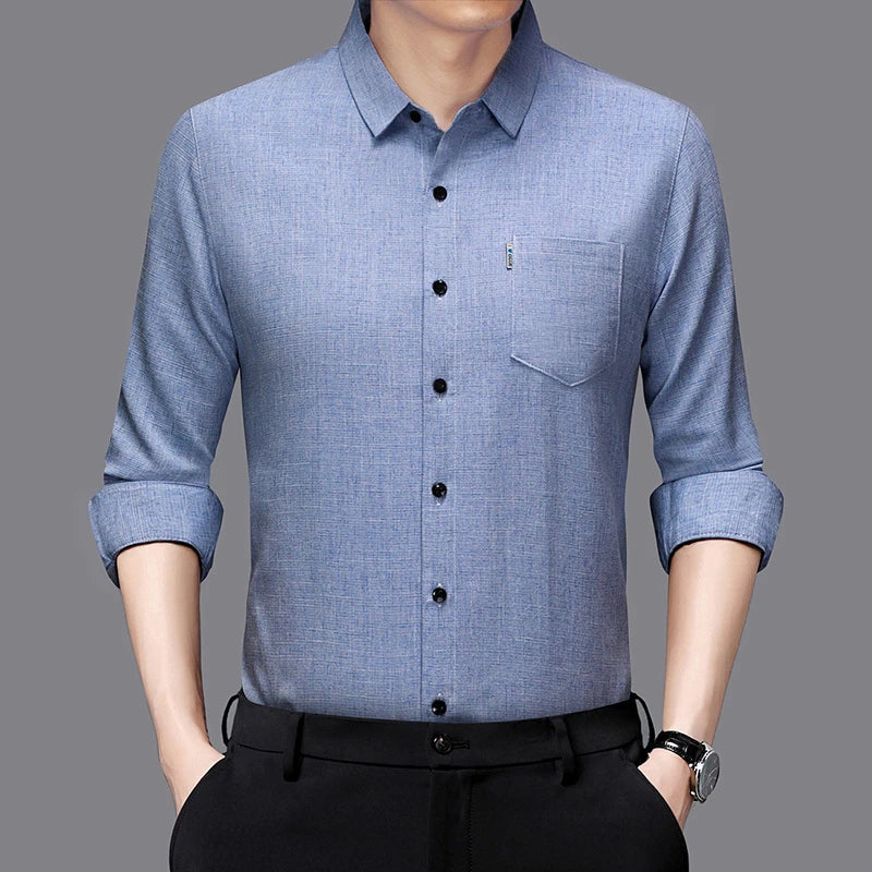 Men's Casual Long Sleeved Wrinkle Resistance No Ironing Printed Shirt in light blue with a clean design