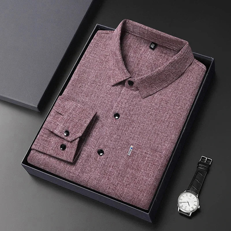 Men's Casual Long Sleeved Wrinkle Resistance No Ironing Printed Shirt folded in a gift box with a watch
