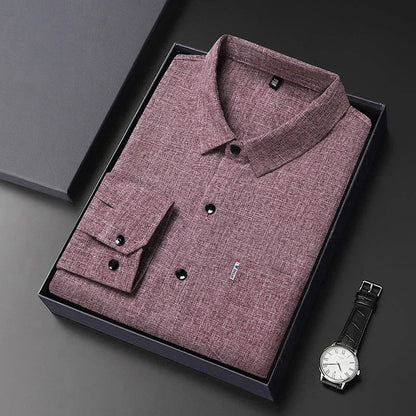 Men's Casual Long Sleeved Wrinkle Resistance No Ironing Printed Shirt folded in a gift box with a watch