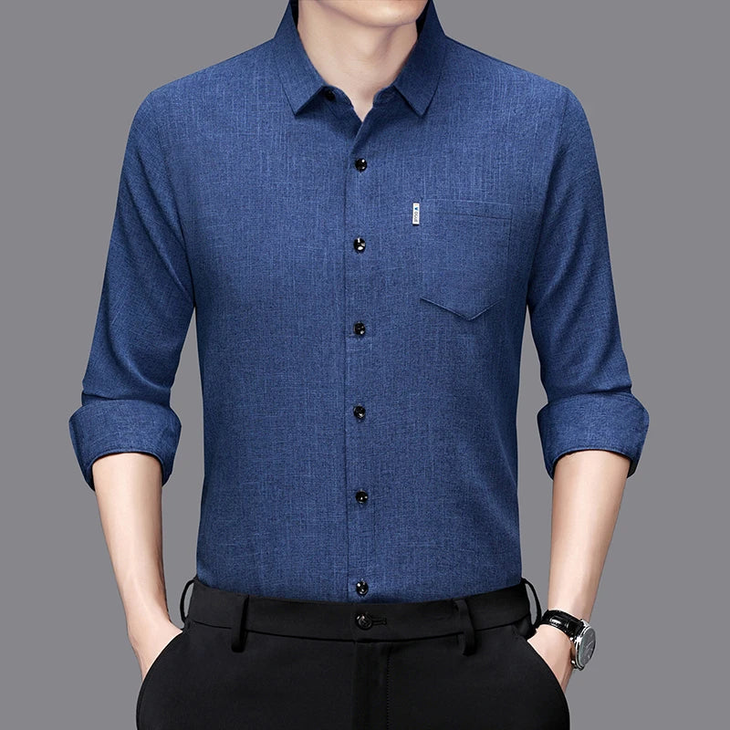 Men's Casual Long Sleeved Wrinkle Resistance No Ironing Printed Shirt in dark blue with button-up front