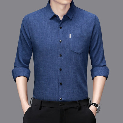 Men's Casual Long Sleeved Wrinkle Resistance No Ironing Printed Shirt in dark blue with button-up front