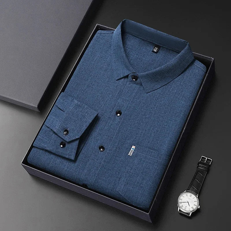 VaultHaus Men's Casual Long Sleeved Wrinkle Resistance No Ironing Printed Shirt in a gift box with watch