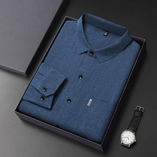 VaultHaus Men's Casual Long Sleeved Wrinkle Resistance No Ironing Printed Shirt in a gift box with watch