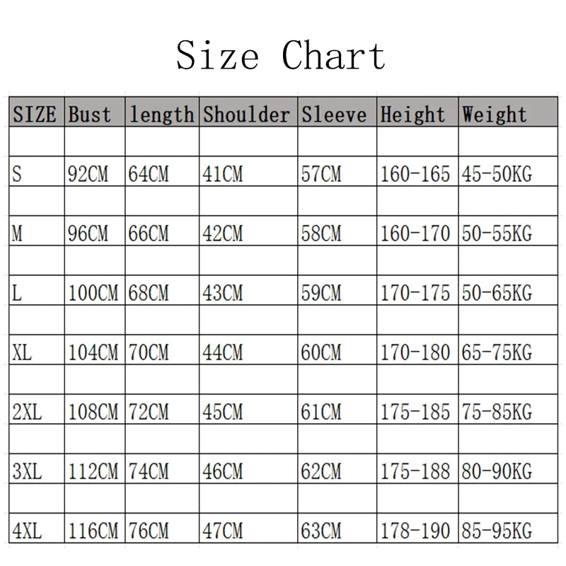 Size chart for Men's Casual Long Sleeved Wrinkle Resistance No Ironing Printed Shirt with dimensions for each size