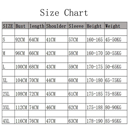 Size chart for Men's Casual Long Sleeved Wrinkle Resistance No Ironing Printed Shirt with dimensions for each size
