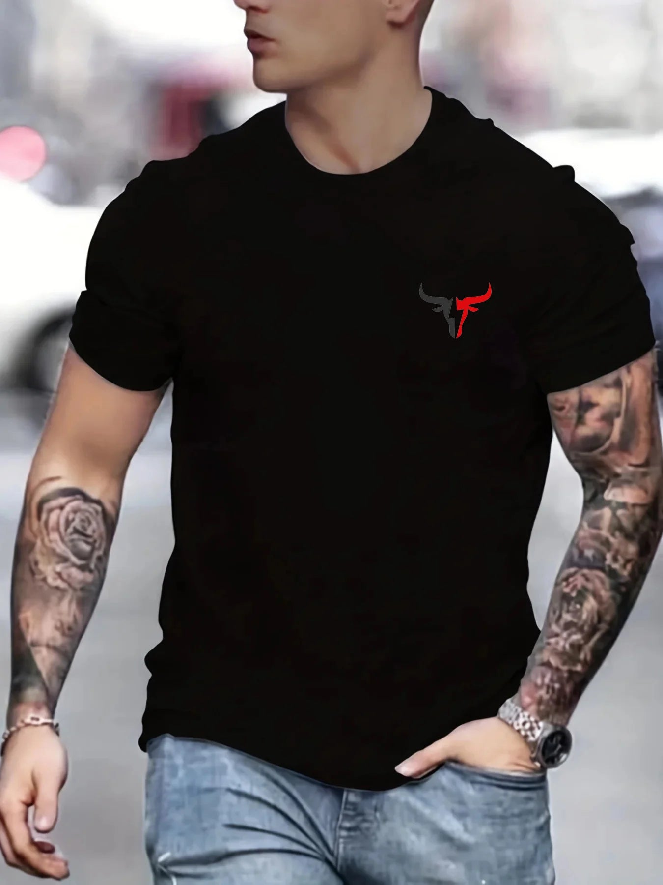 Men's cotton bull print t-shirt in black featuring a stylish bull design on the chest