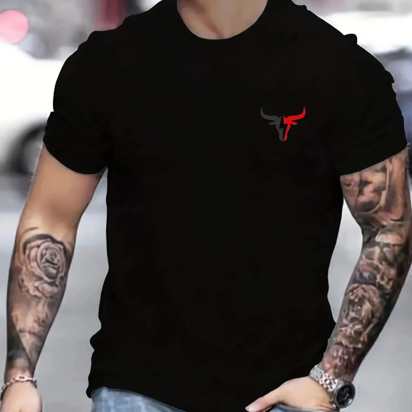 Men's cotton bull print t-shirt in black featuring a stylish bull design and comfortable fit