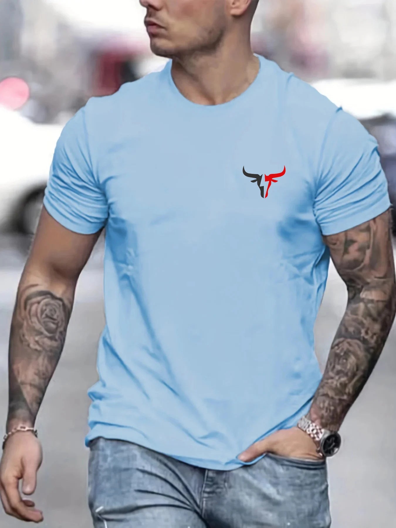 Light blue men's cotton bull print t-shirt featuring a sleek design and comfortable fit