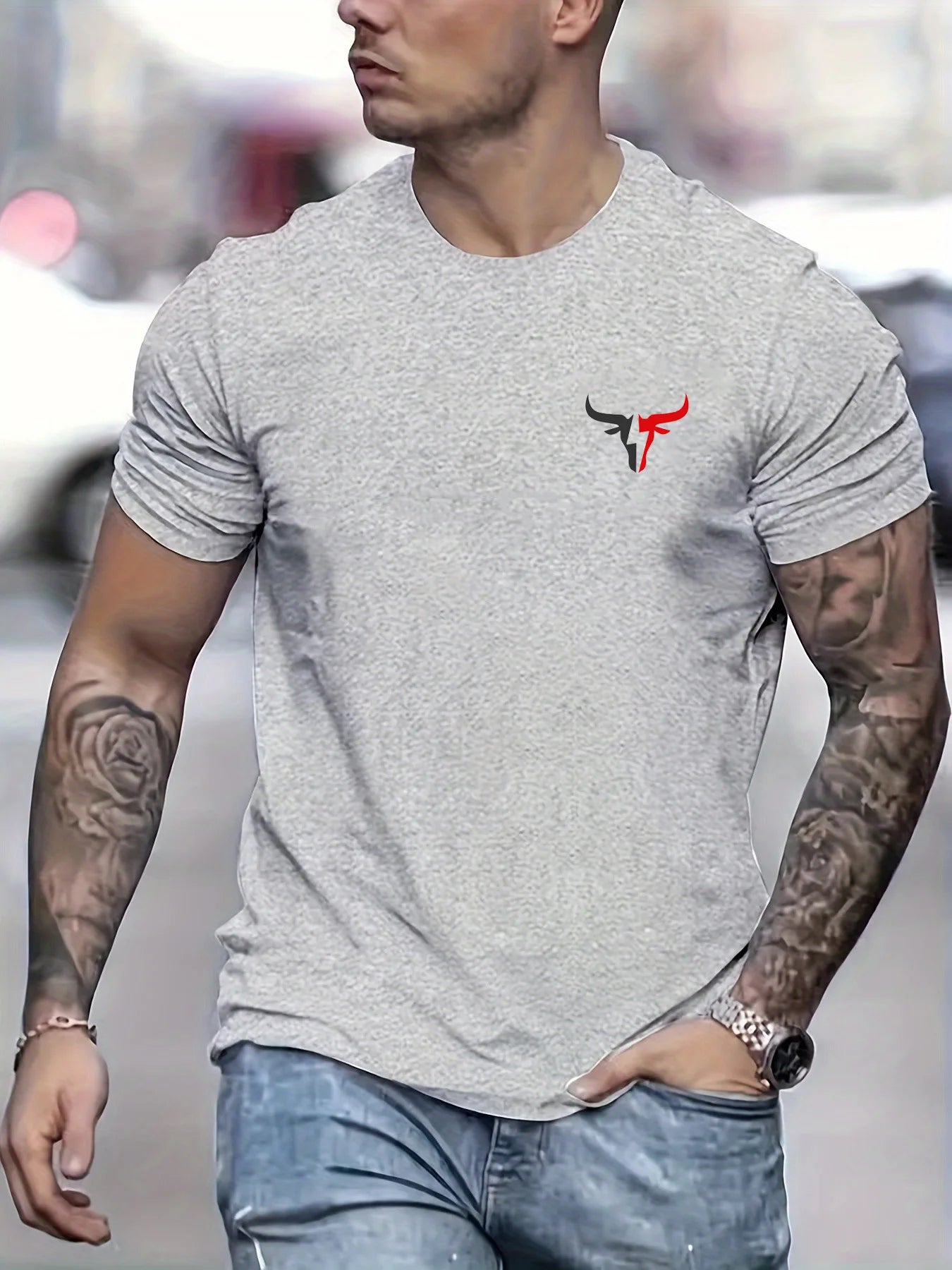 VaultHaus men's cotton bull print t-shirt in grey featuring a stylish bull logo on the chest