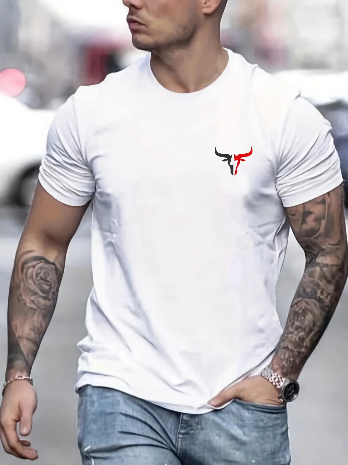 Men's cotton bull print t-shirt in white, featuring a bold bull graphic and a comfortable fit