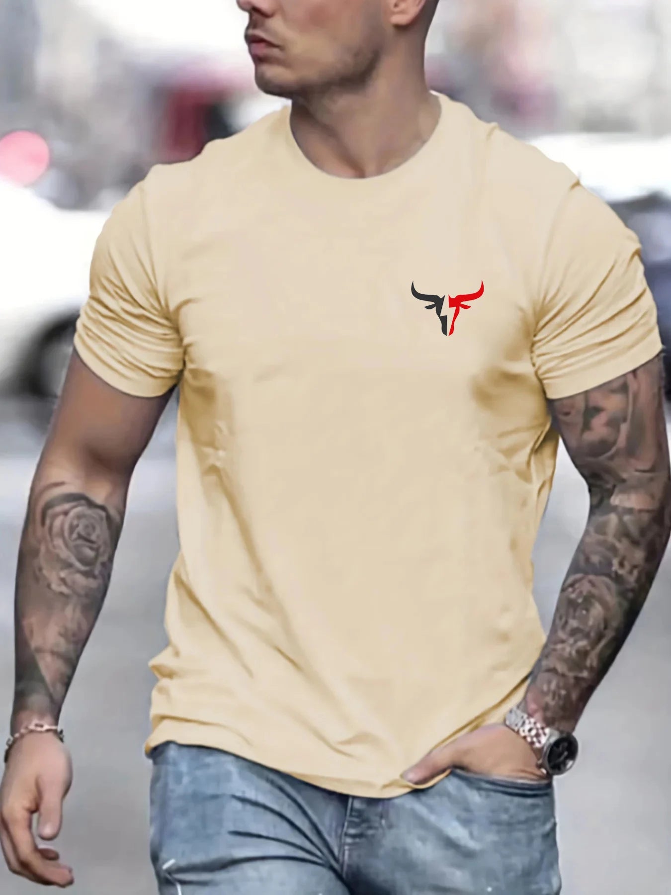 Men's cotton bull print t-shirt in beige with a bull logo for stylish casual wear