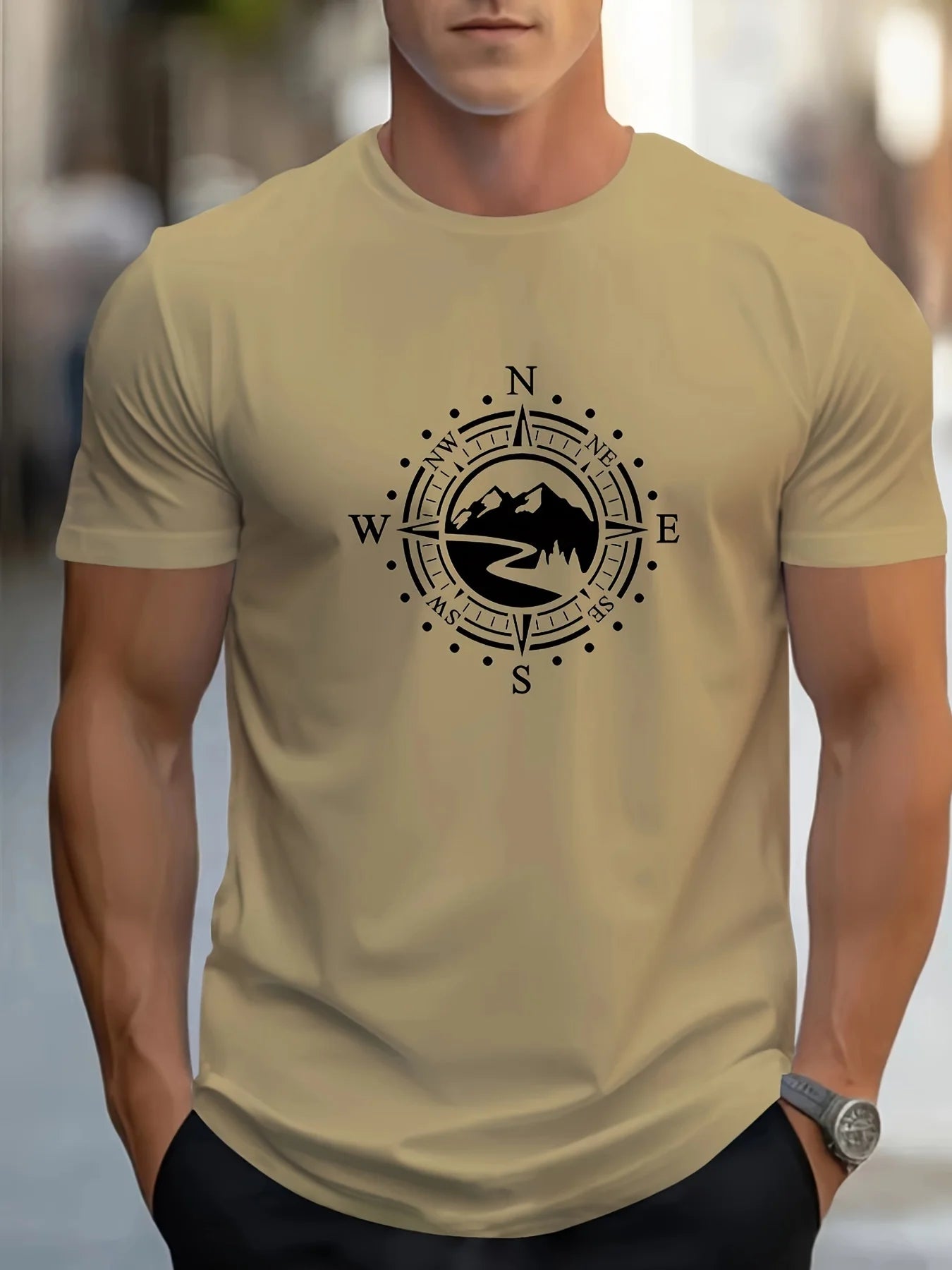 Men's cotton compass t-shirt in beige featuring a compass graphic for casual style