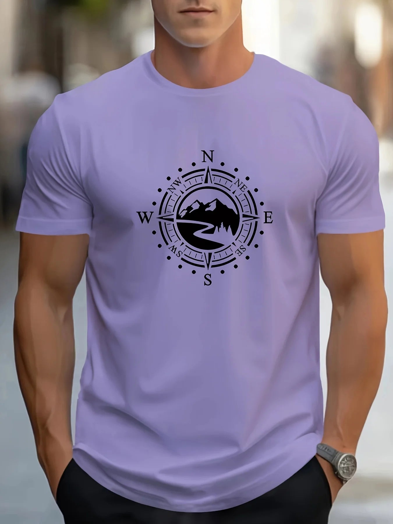 Men's cotton compass t-shirt in lavender featuring a black compass design on the front