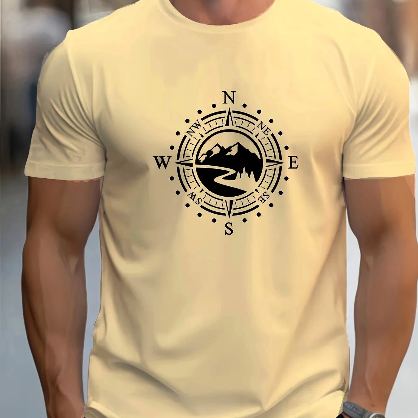 Men's cotton compass t-shirt in cream color featuring a compass graphic design