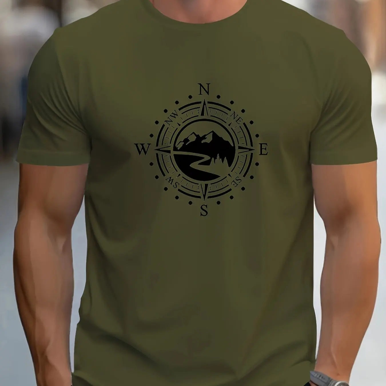 Men's cotton compass t-shirt in olive green with a compass design for outdoor enthusiasts