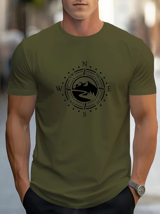 Men's cotton compass t-shirt in olive green featuring a compass design and mountains