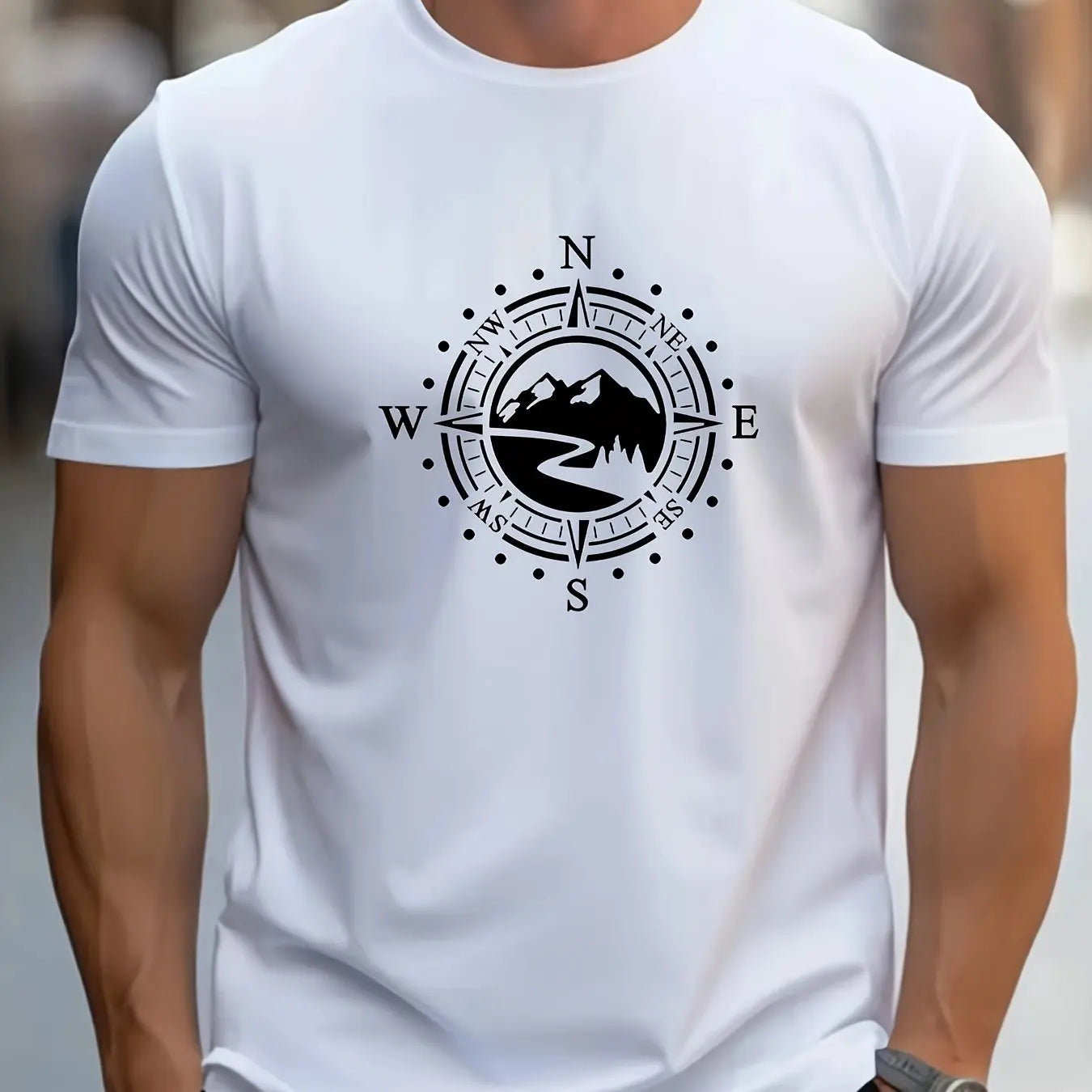 Men's cotton compass t-shirt in white with a black compass graphic design