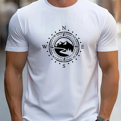 Men's cotton compass t-shirt in white with a black compass graphic design
