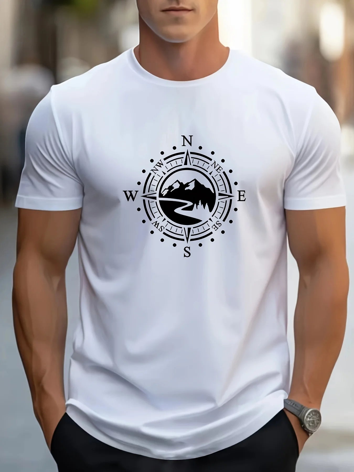 Men's cotton compass t-shirt in white featuring a compass design for outdoor style
