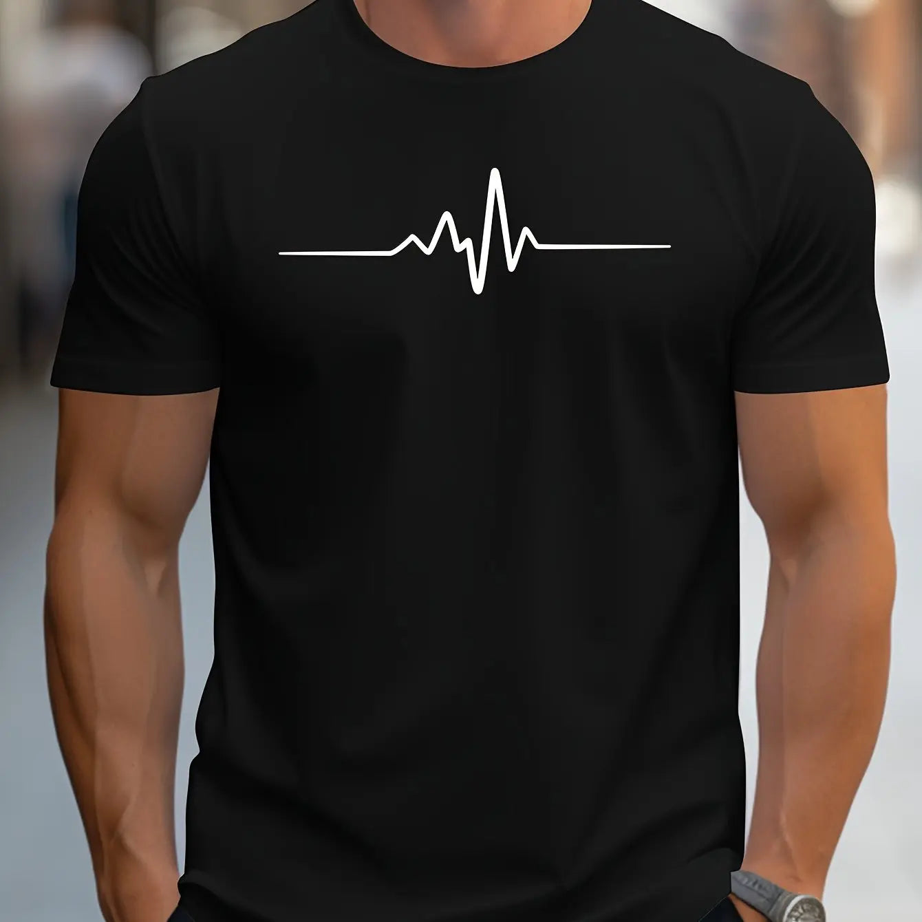 Stylish men's cotton graphic t-shirt in black featuring a heartbeat line design