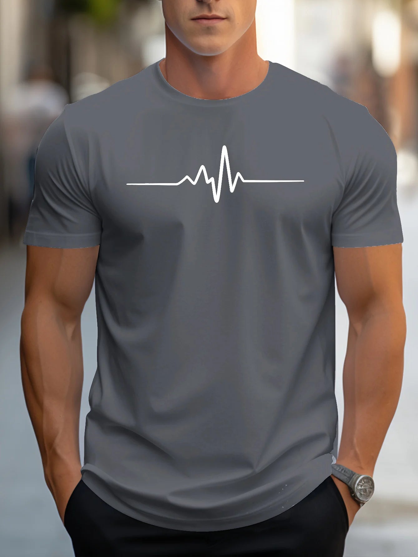 Men's cotton graphic t-shirt in gray featuring a heartbeat line design for casual wear