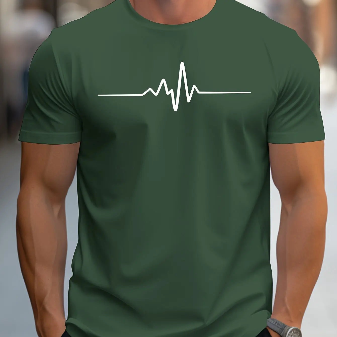 VaultHaus men's cotton graphic t-shirt in green with a stylish heartbeat line design