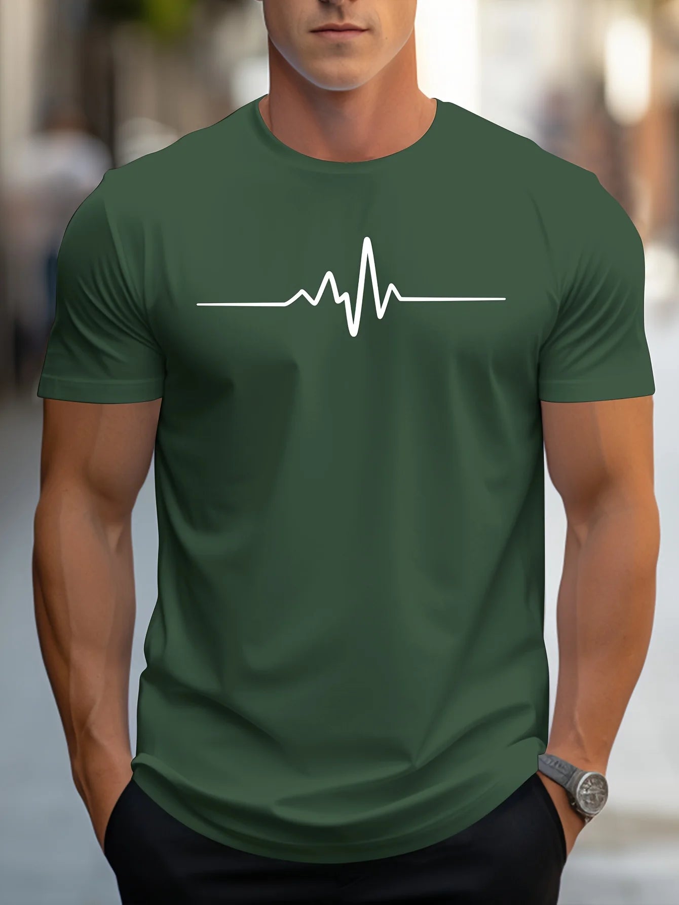 Men's cotton graphic t-shirt in green with heartbeat line design for casual wear