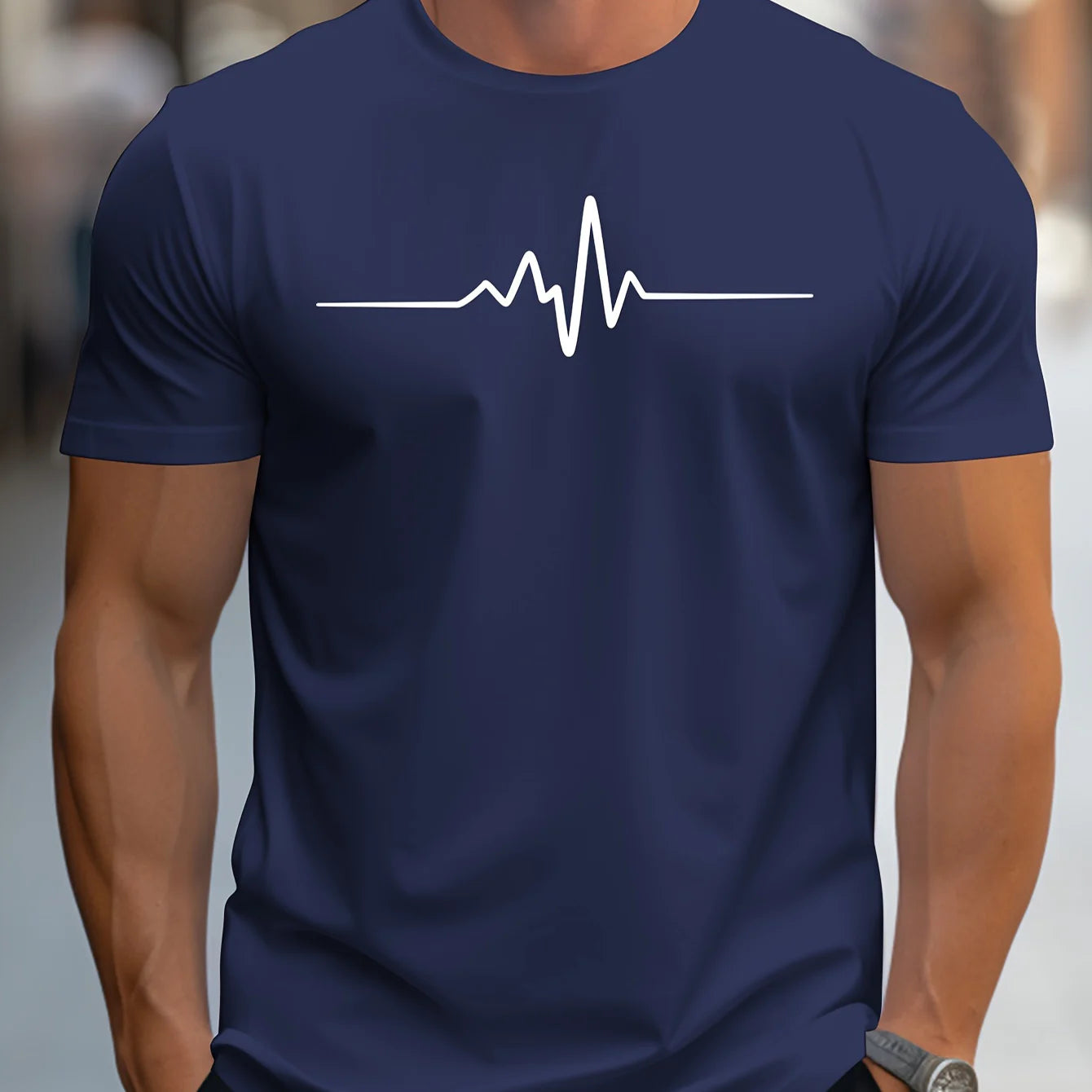 Navy men's cotton graphic t-shirt featuring a heartbeat line design for casual wear