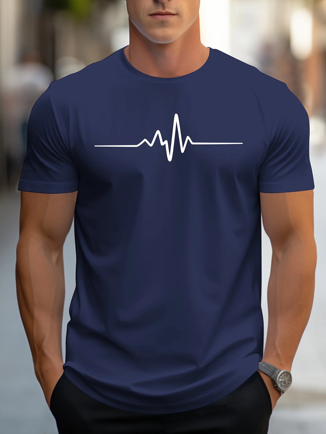 Men's cotton graphic t-shirt in navy blue with heartbeat line design for casual wear