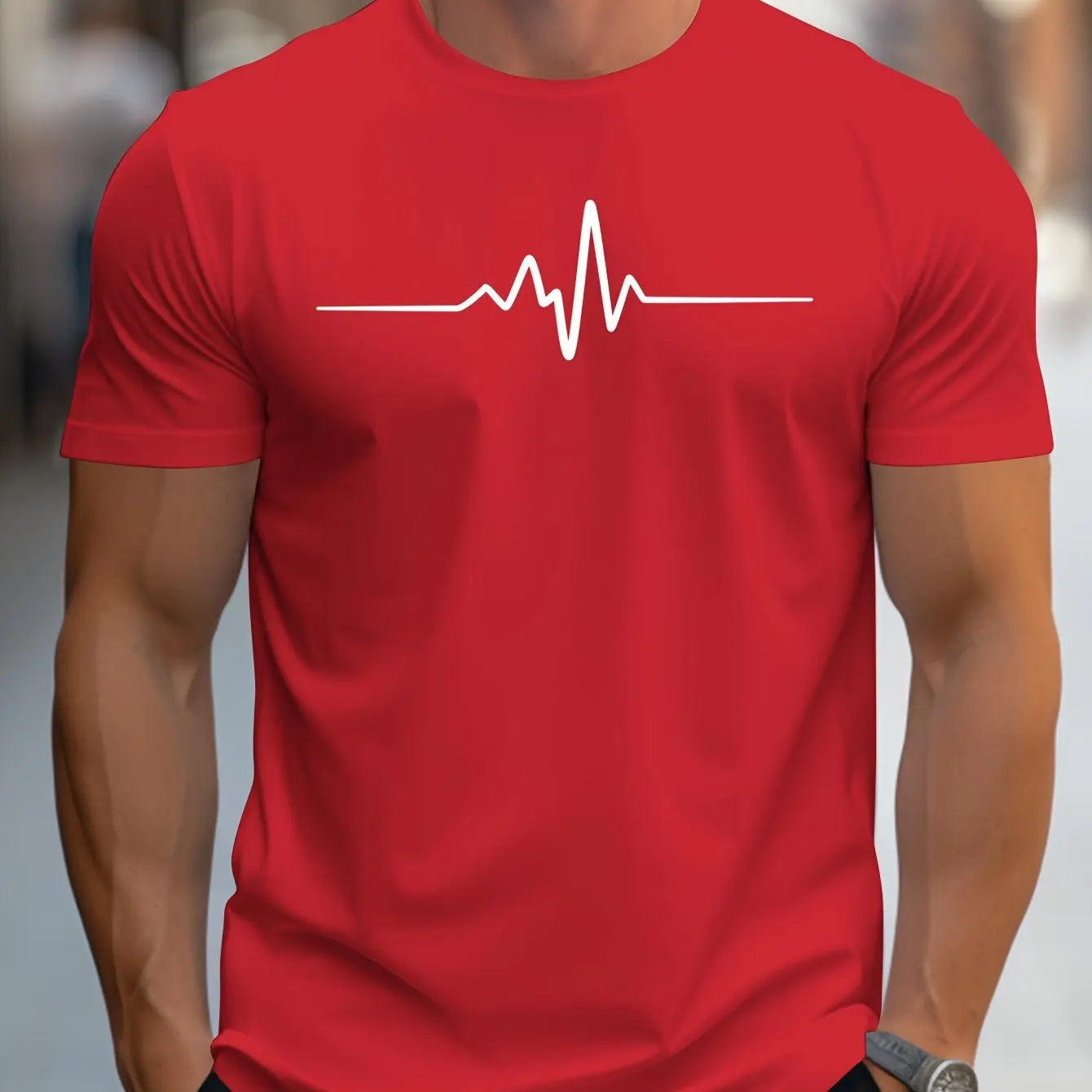 Men's cotton graphic t-shirt in red featuring a white heartbeat line design