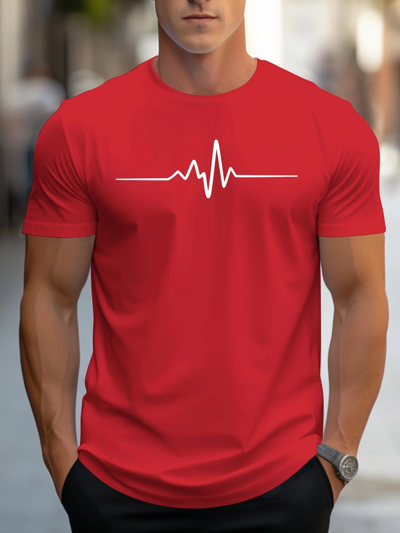 Red men's cotton graphic t-shirt featuring a heartbeat line design for casual wear