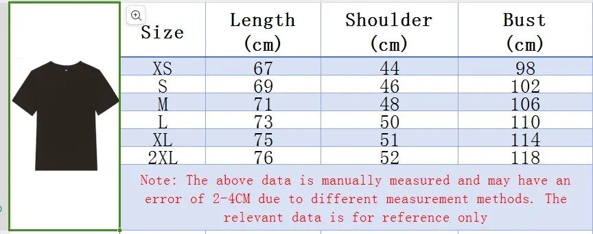 Men's cotton graphic t-shirt in black with measurement chart for sizing options