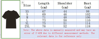 Men's cotton graphic t-shirt in black with measurement chart for sizing options