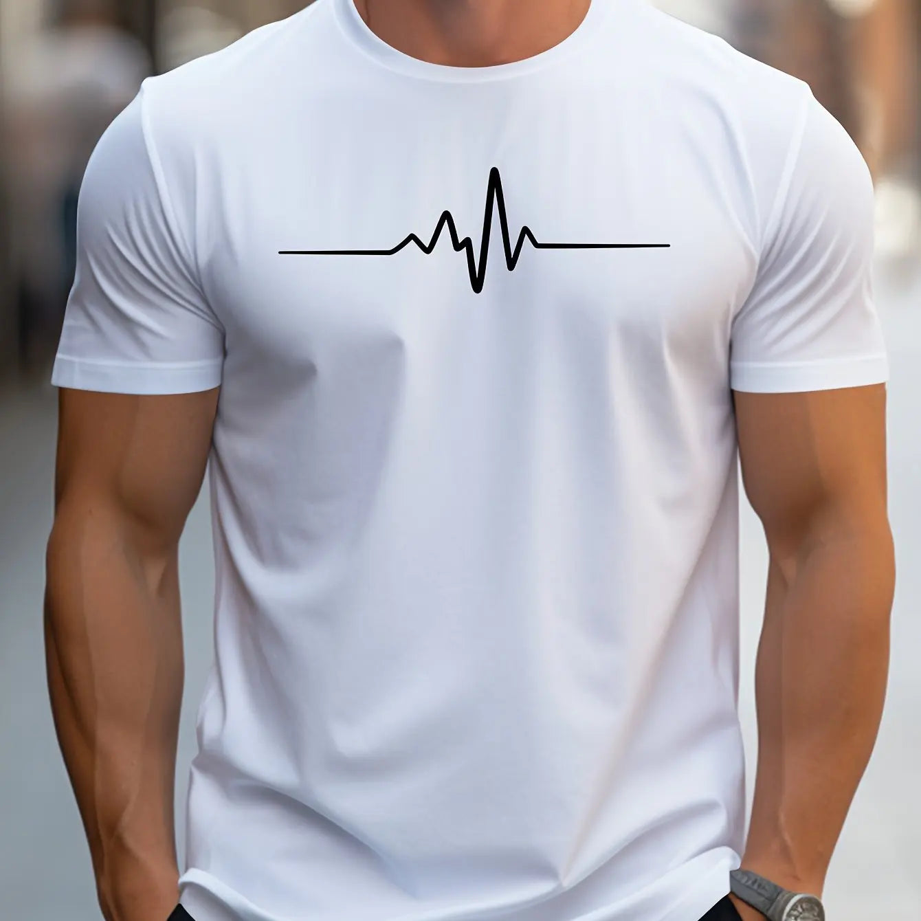 VaultHaus men's cotton graphic t-shirt in white featuring heartbeat line design