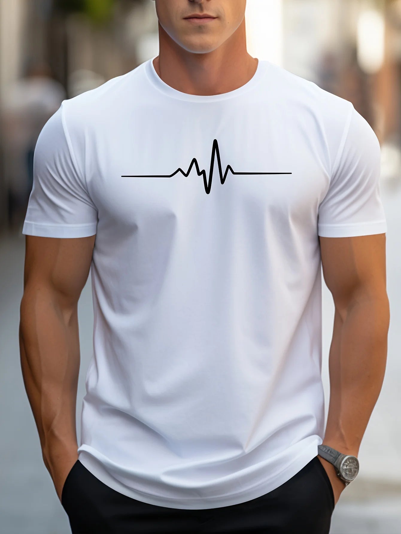 Men's cotton graphic t-shirt in white featuring a heartbeat line design on the front