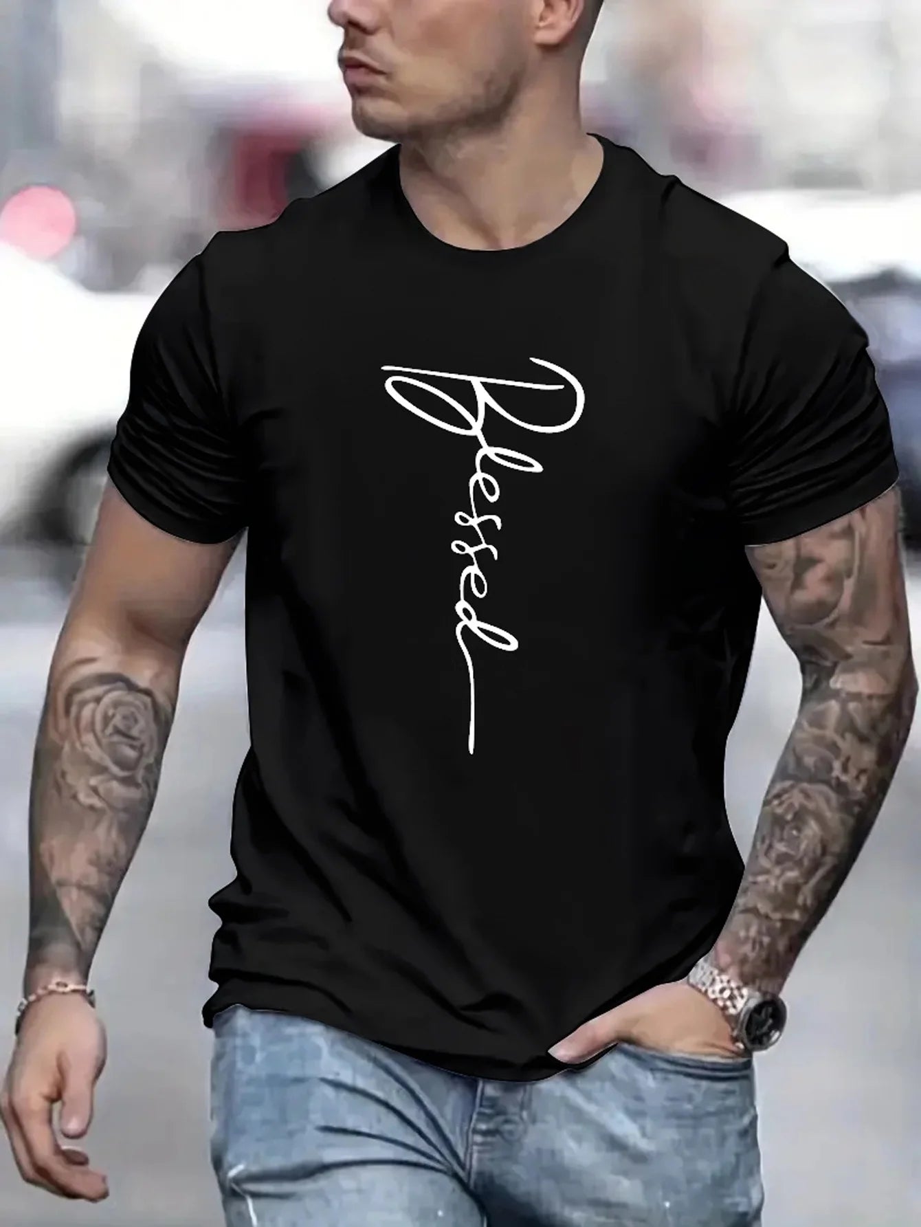 Men's cotton oversized t-shirt in black with 'Blessed' graphic design for casual style