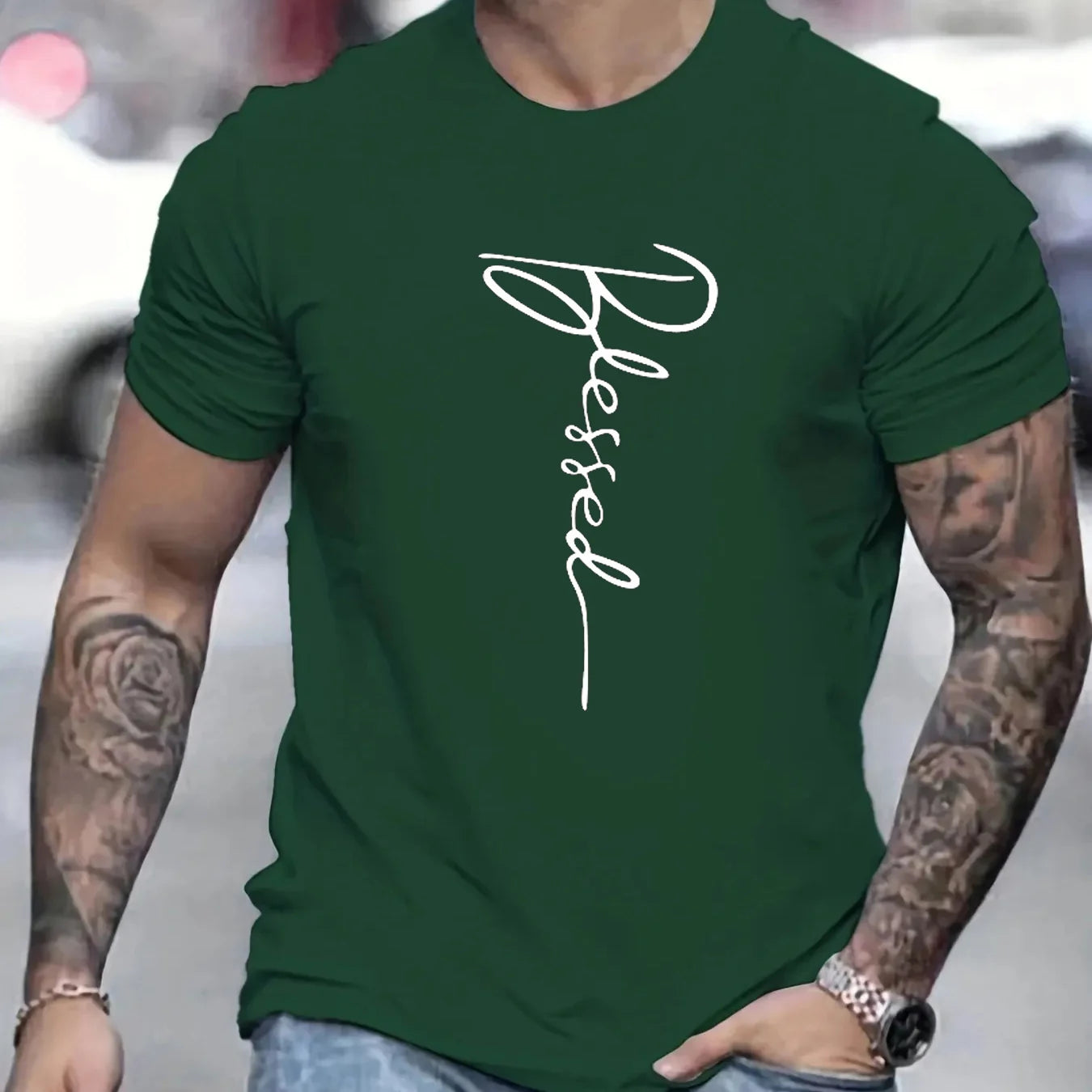 Men's cotton oversized t-shirt in green with 'Blessed' graphic for a casual streetwear style