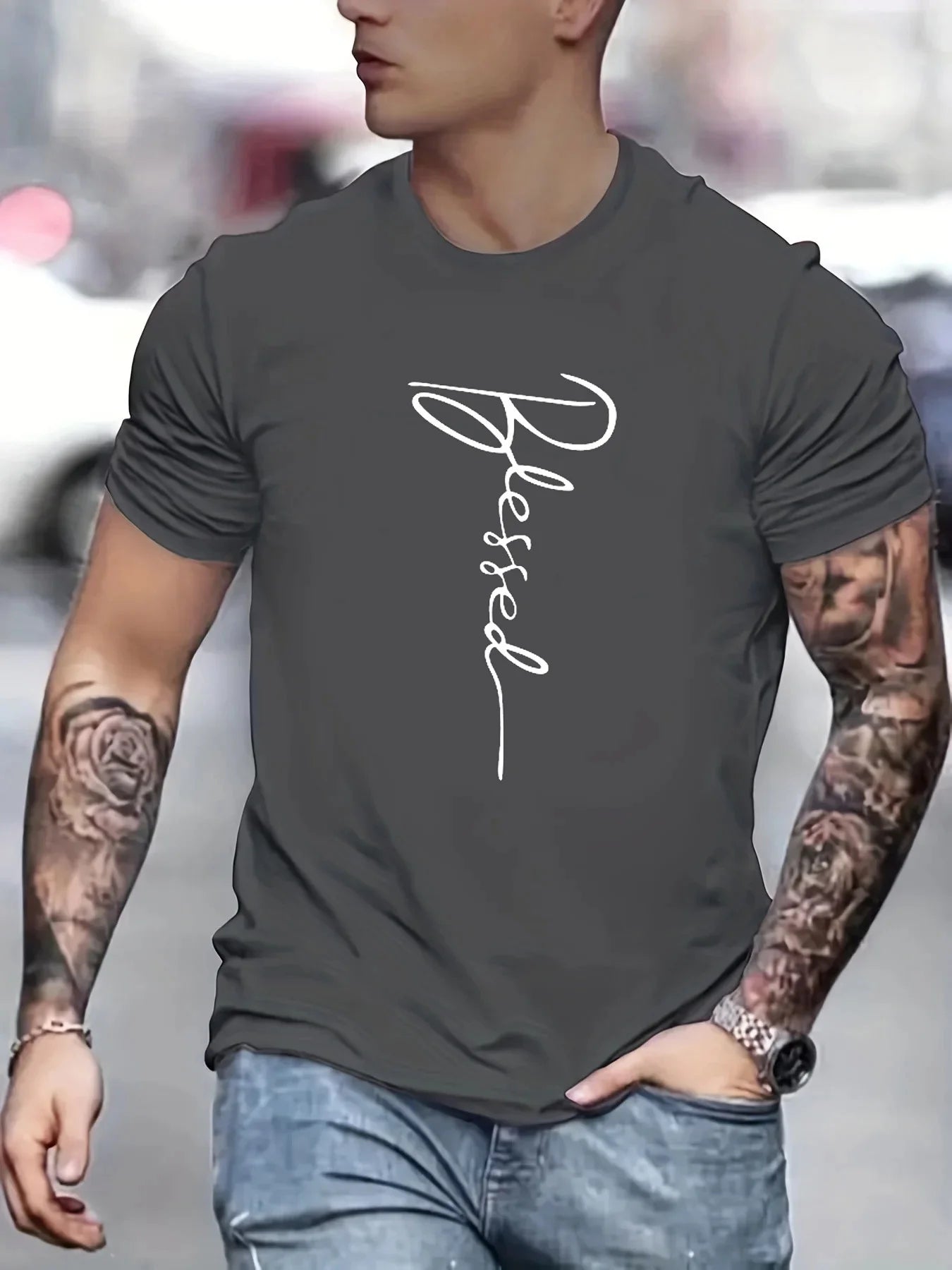 Men's cotton oversized t-shirt in charcoal gray with a cursive 'Blessed' design on the front