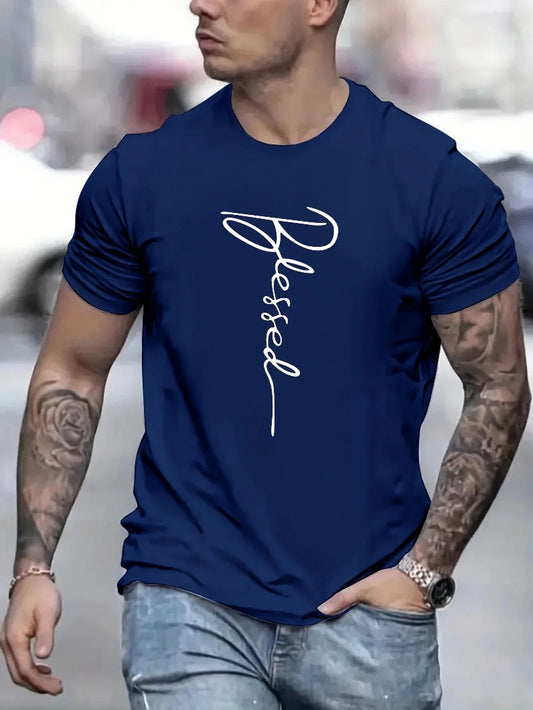 Men's cotton oversized t-shirt in navy blue featuring 'Blessed' graphic for a stylish casual look