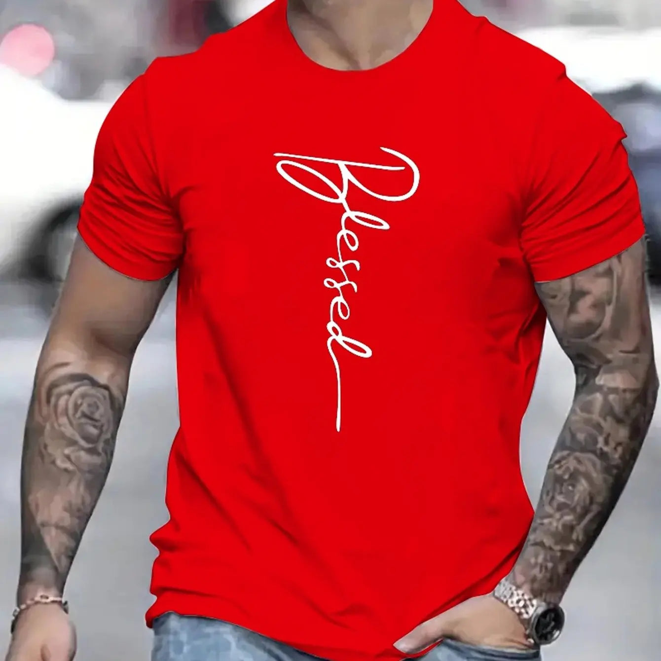 Men's cotton oversized t-shirt in red with 'Blessed' graphic for a stylish casual look