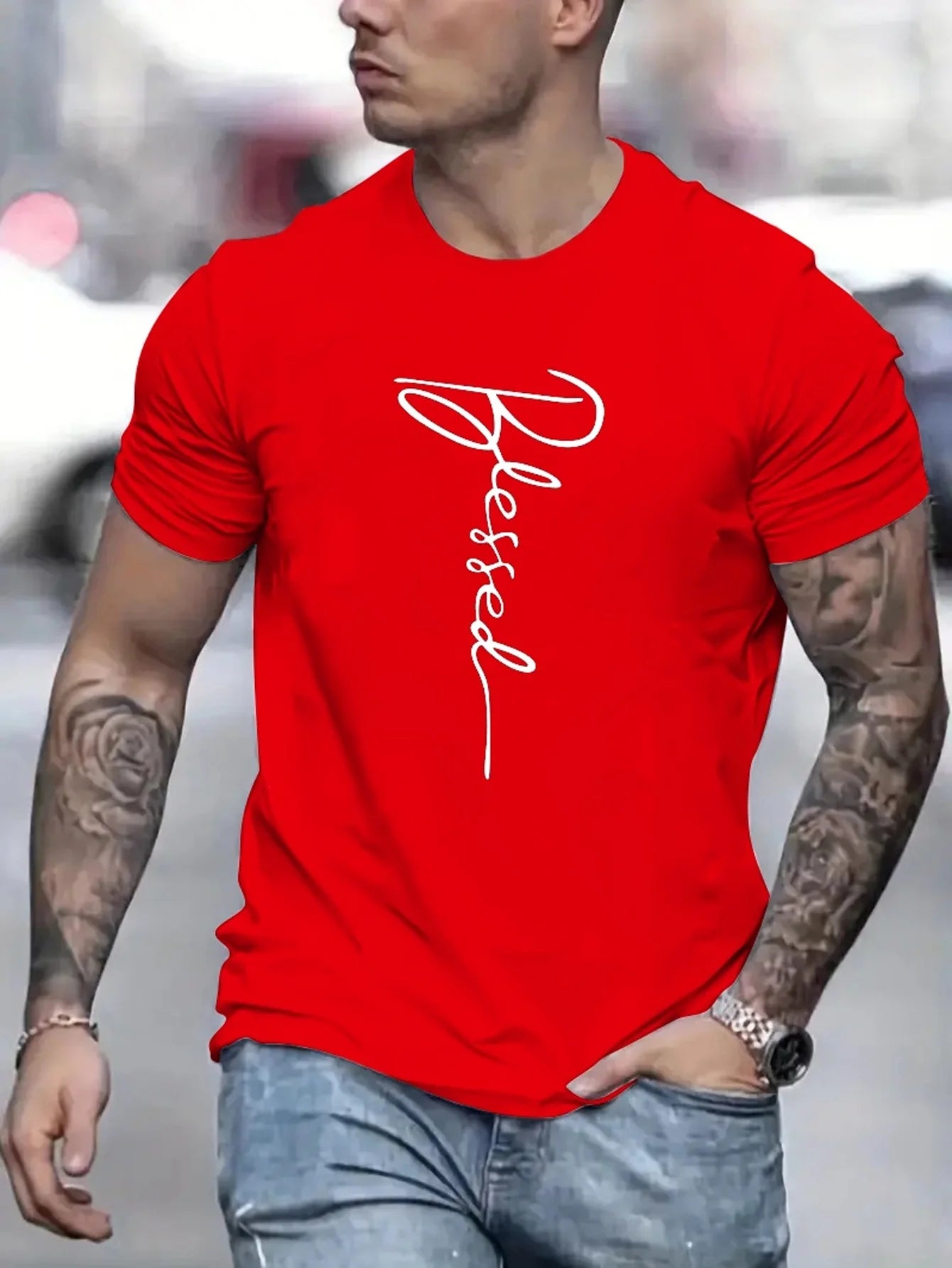 Men's cotton oversized t-shirt in red with 'Blessed' graphic print for casual style