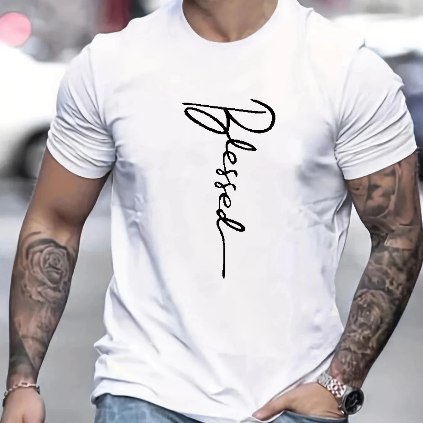 Men's cotton oversized t-shirt in white featuring a stylish 'Blessed' graphic print.