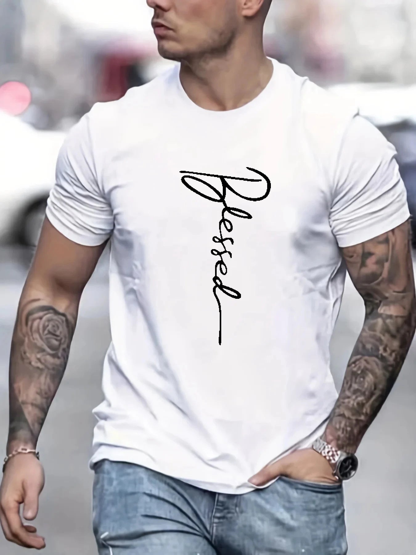 Man wearing a men's cotton oversized t-shirt featuring a 'Blessed' printed design, perfect for casual style.