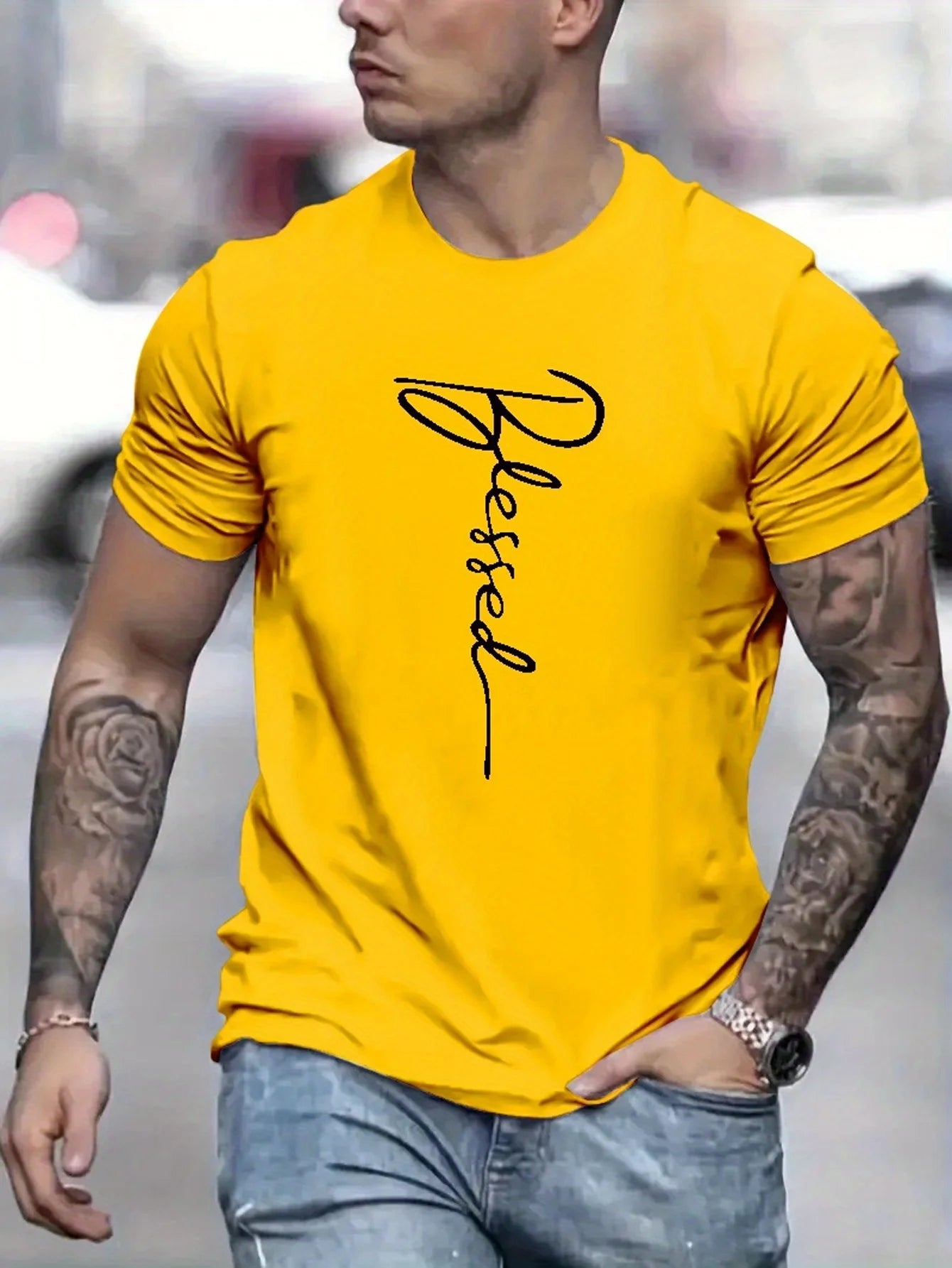 Men's cotton oversized t-shirt in bright yellow with 'Blessed' graphic design for a trendy casual look