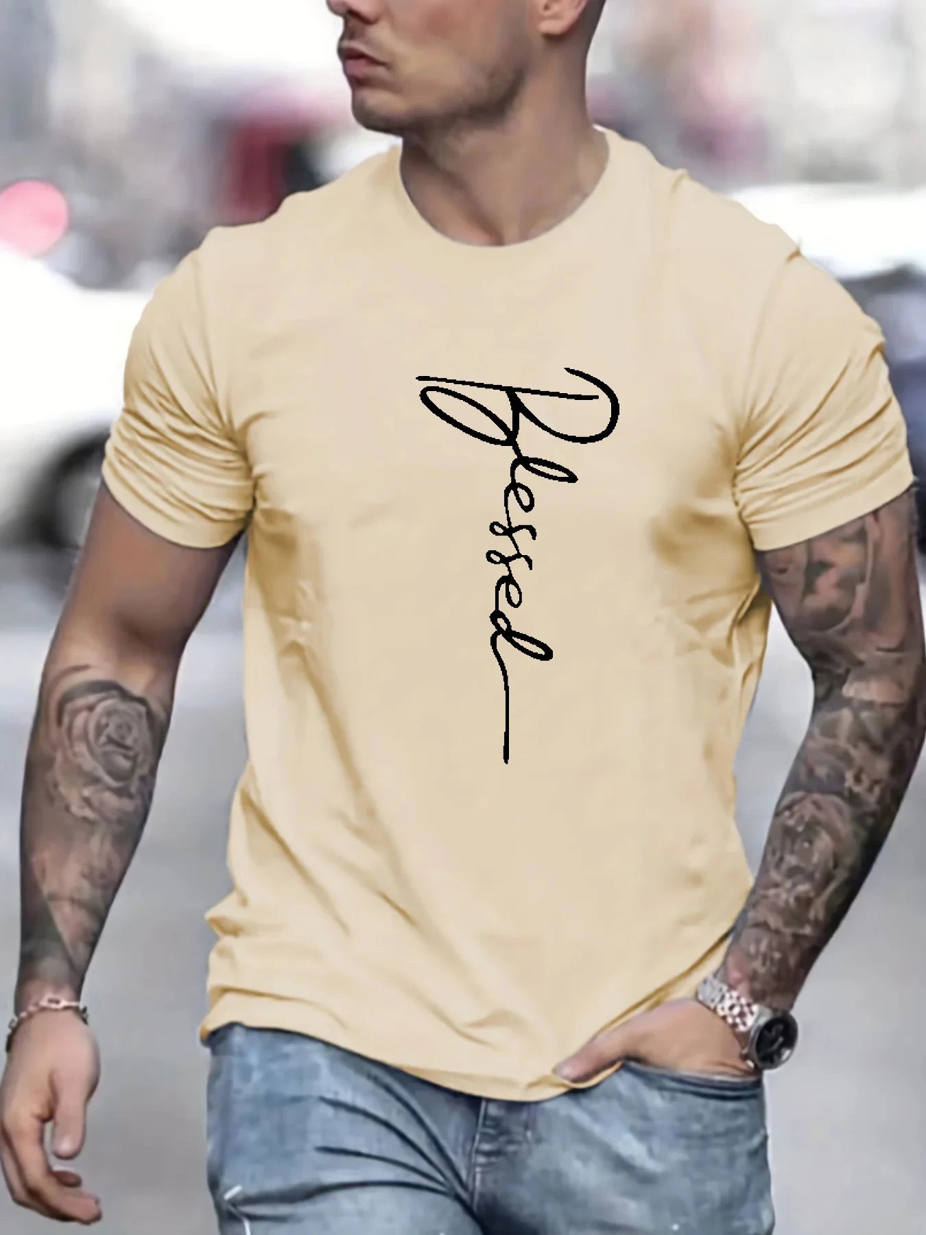 Men's cotton oversized t-shirt in yellow with 'Blessed' graphic for casual style