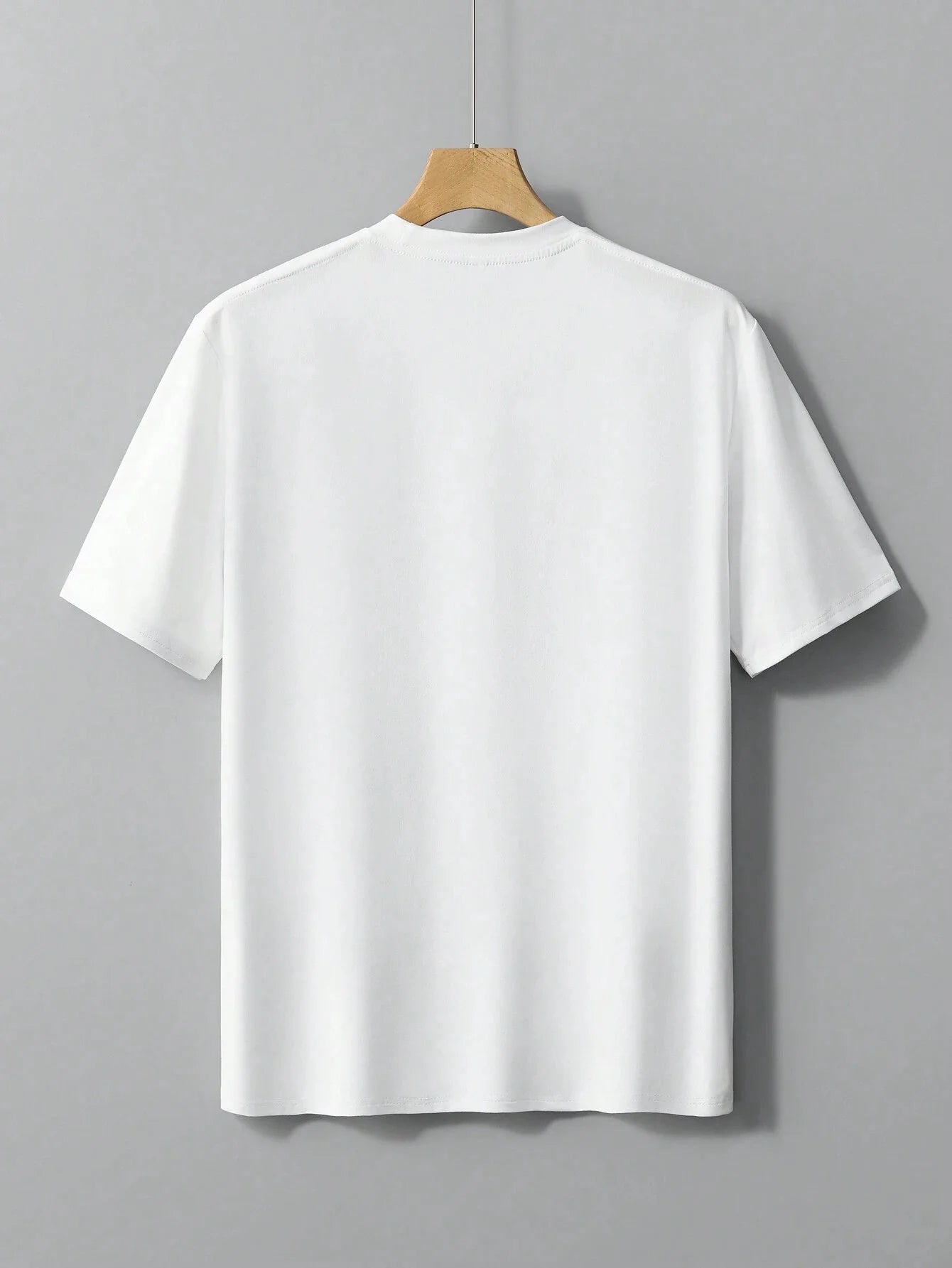 Back view of VaultHaus men's cotton summer graphic print bear t-shirt hanging on a wooden hanger