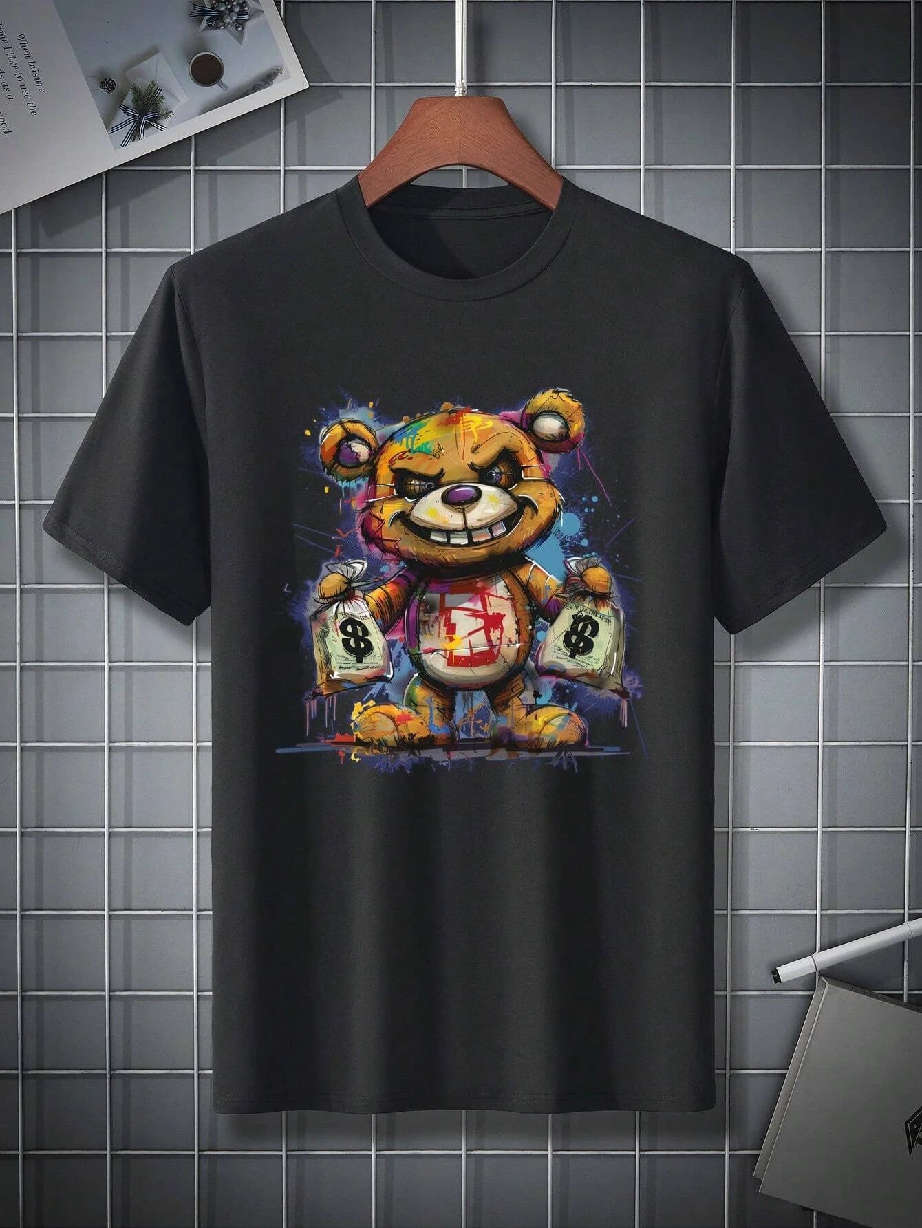 cotton summer graphic print bear t-shirt featuring a colorful bear design on a black background