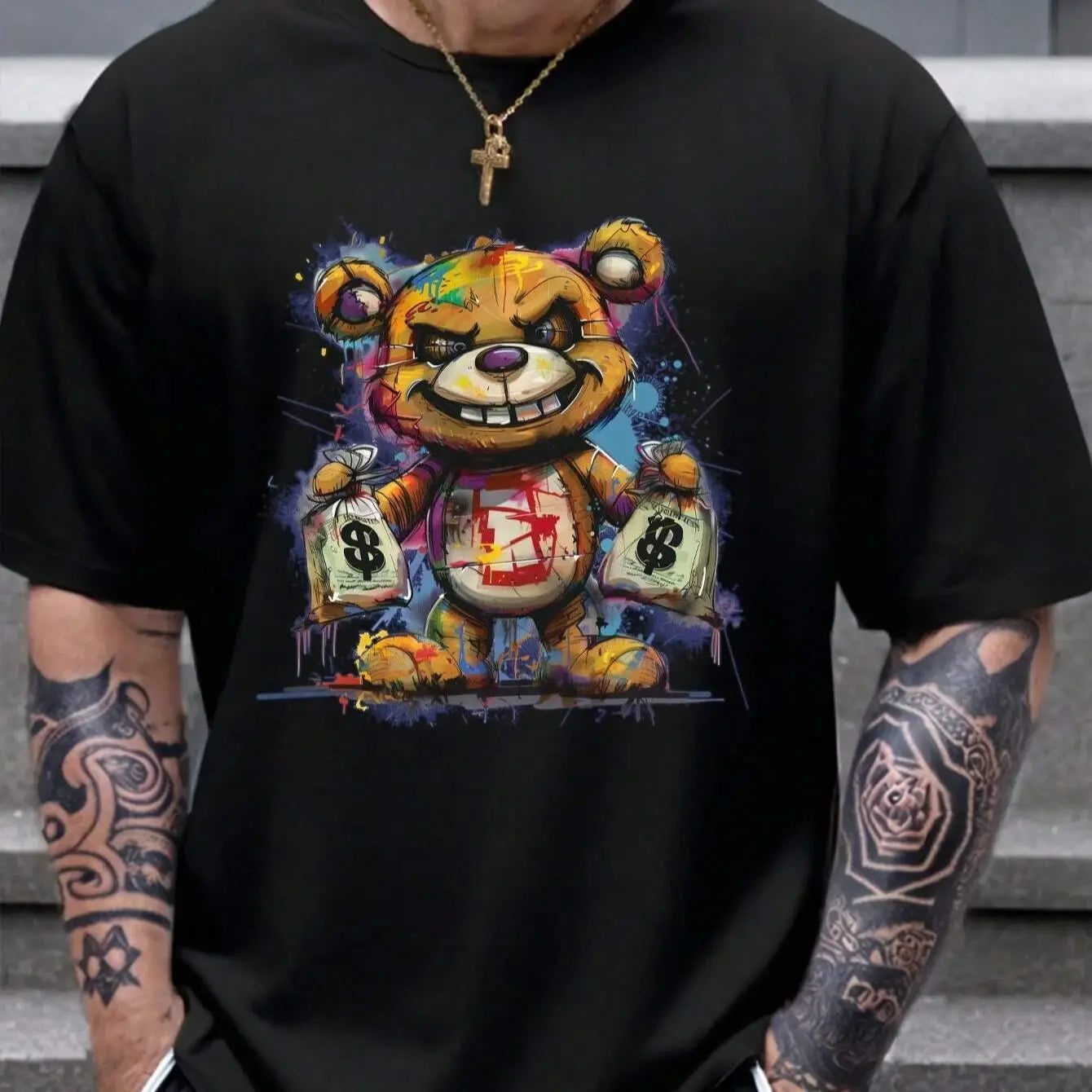 Men's cotton summer graphic print bear t-shirt with vibrant colors and unique design by VaultHaus