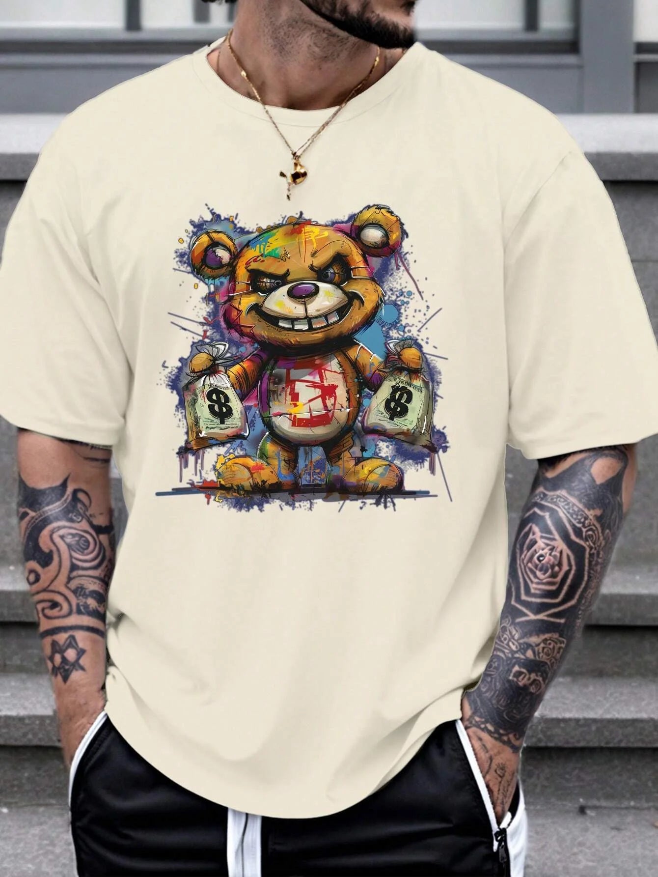 Men's cotton summer graphic print bear t-shirt featuring a colorful bear design with a playful expression